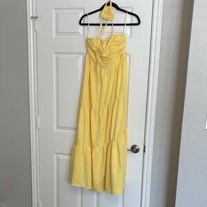 Sunshine Yellow Tiered Maxi Dress with attached flower neck tie